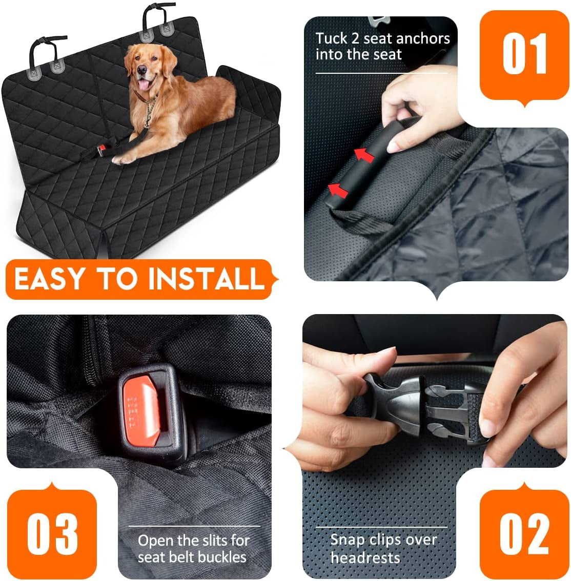 Dog Car Seat Cover - Waterproof Back Seat Protector for Pets, Non-Slip Design Fits Middle Armrest, Compatible with Most Cars, Trucks, and SUVs - Black