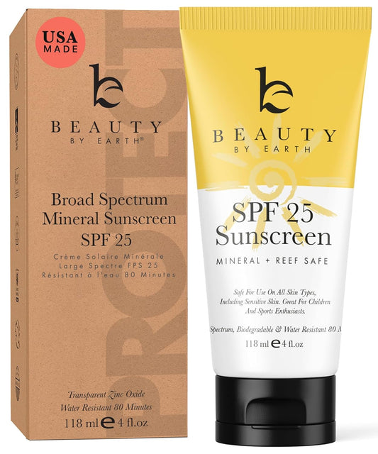 Mineral Sunscreen SPF 25 - USA-Made Zinc Oxide Formula for Children, Eco-Friendly with Natural and Organic Ingredients, Lightweight and Fast-Absorbing Lotion for All Skin Types